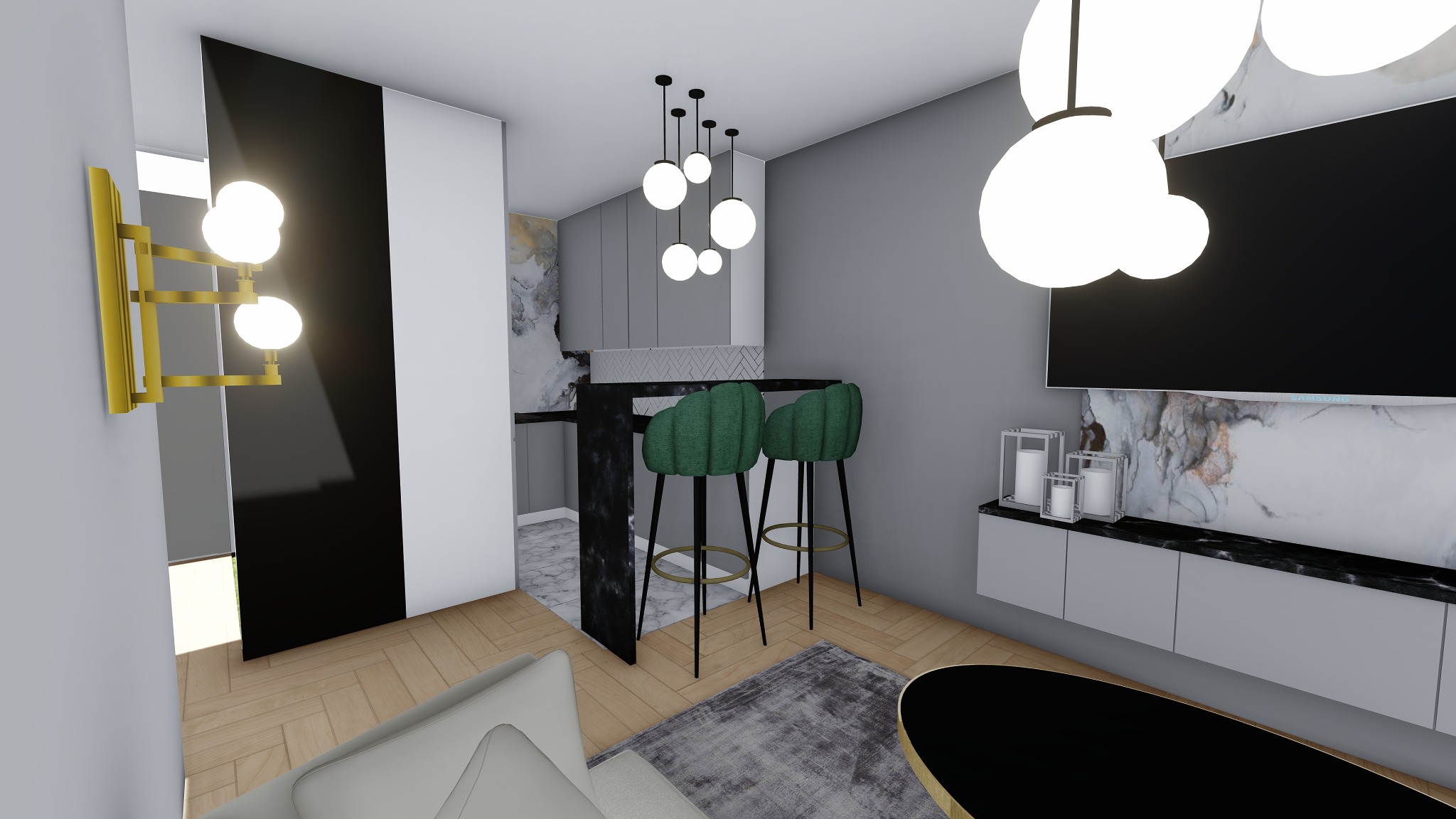 Wizualizacja wnętrza mieszkania z aneksem kuchennym, dwoma zielonymi hokerami przy czarnym barku, telewizorem na ścianie z marmurowym wzorem i złotym oświetleniem.