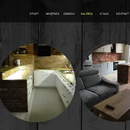 Projekt strony internetowej firmy z branży aranżacji wnętrz i ogrodów, prezentujący zdjęcia realizacji: podświetlane schody, kuchnia z ceglaną ścianą i wyspą, salon z szarą sofą oraz aranżacja...