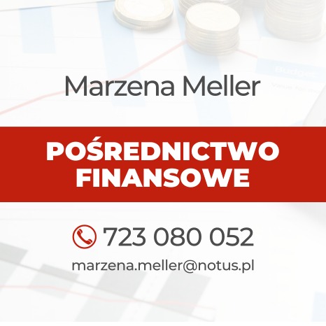 Wizytówka z danymi kontaktowymi do pośrednika finansowego Marzeny Meller, na tle wykresu wzrostu i stosu monet.