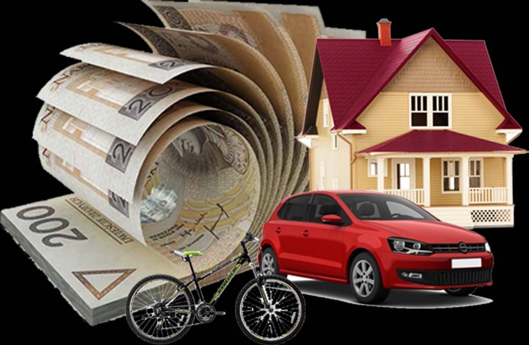 Stylizowana kompozycja: zwinięte banknoty 200 zł, dom jednorodzinny z czerwonym dachem, czerwony samochód osobowy i rower górski z zielonym siodełkiem na czarnym tle.