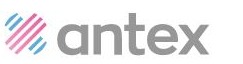 Logo firmy Antex: abstrakcyjny symbol tkaniny z różowo-niebieskimi paskami oraz szary napis 'antex'.