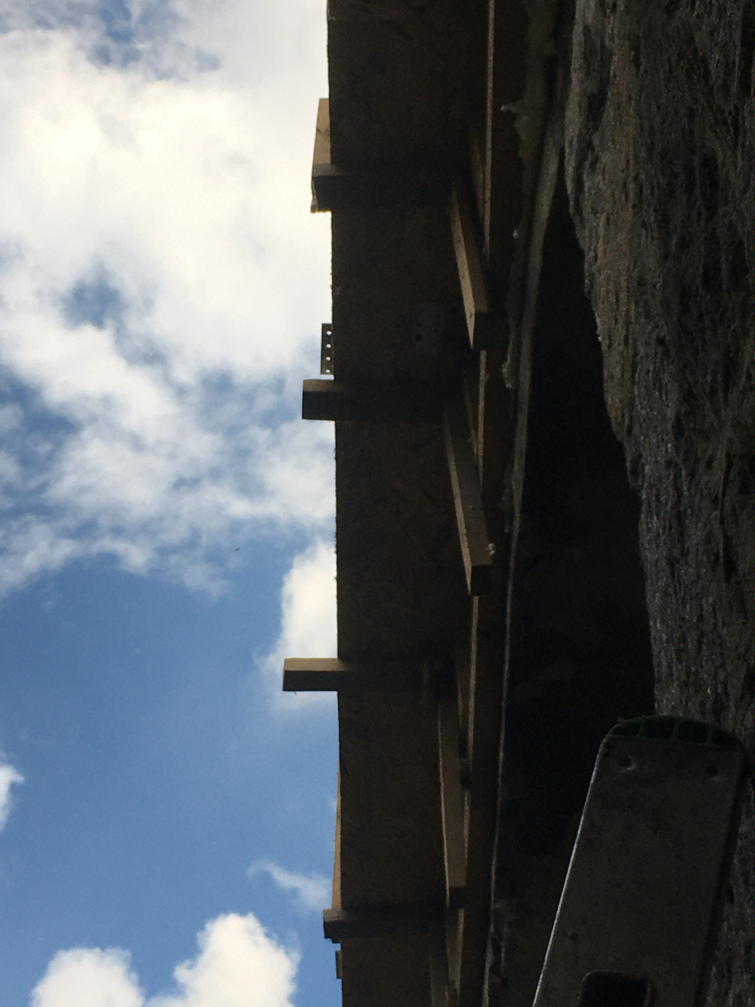 Fragment ściany z widocznymi elementami konstrukcyjnymi, drewnianymi belkami i fragmentem drabiny, na tle błękitnego nieba z chmurami.