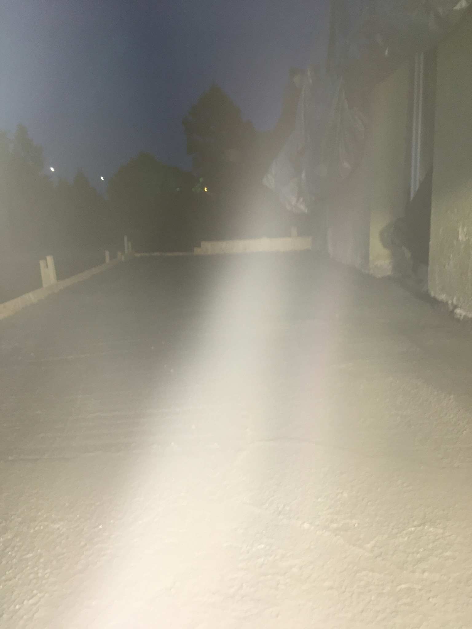 Świeżo wylany betonowy fundament w trakcie wiązania, widoczne szalunki i zarys drzew na tle wieczornego nieba.