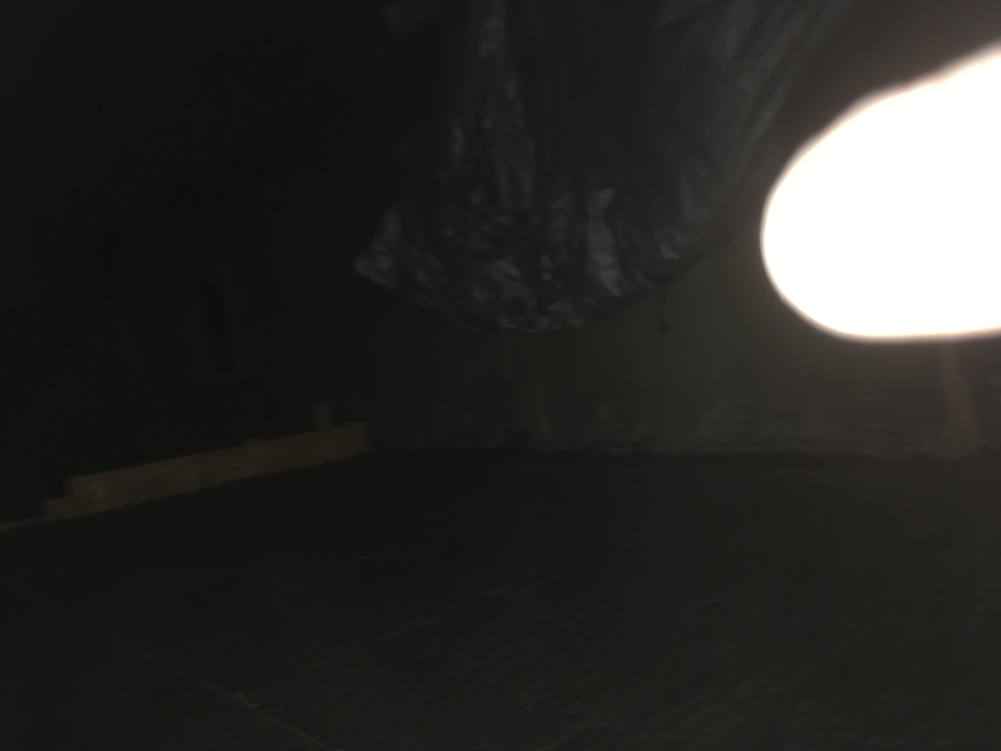 Ciemne wnętrze poddasza z widoczną folią paroizolacyjną i fragmentem drewnianej konstrukcji, oświetlone silnym, rozproszonym światłem.