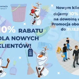 Grafika reklamowa firmy sprzątającej Blysk Fantazja z ofertą 10% rabatu dla nowych klientów, ilustrowana narzędziami do sprzątania i postacią Olafa z Krainy Lodu.