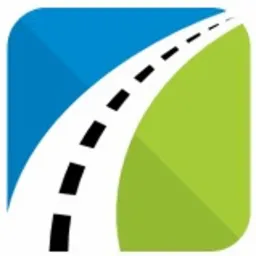 Abstrakcyjny symbol drogi biegnącej przez zielony krajobraz pod błękitnym niebem, stylizowany na logo.