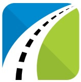 Abstrakcyjny symbol drogi biegnącej przez zielony krajobraz pod błękitnym niebem, stylizowany na logo.