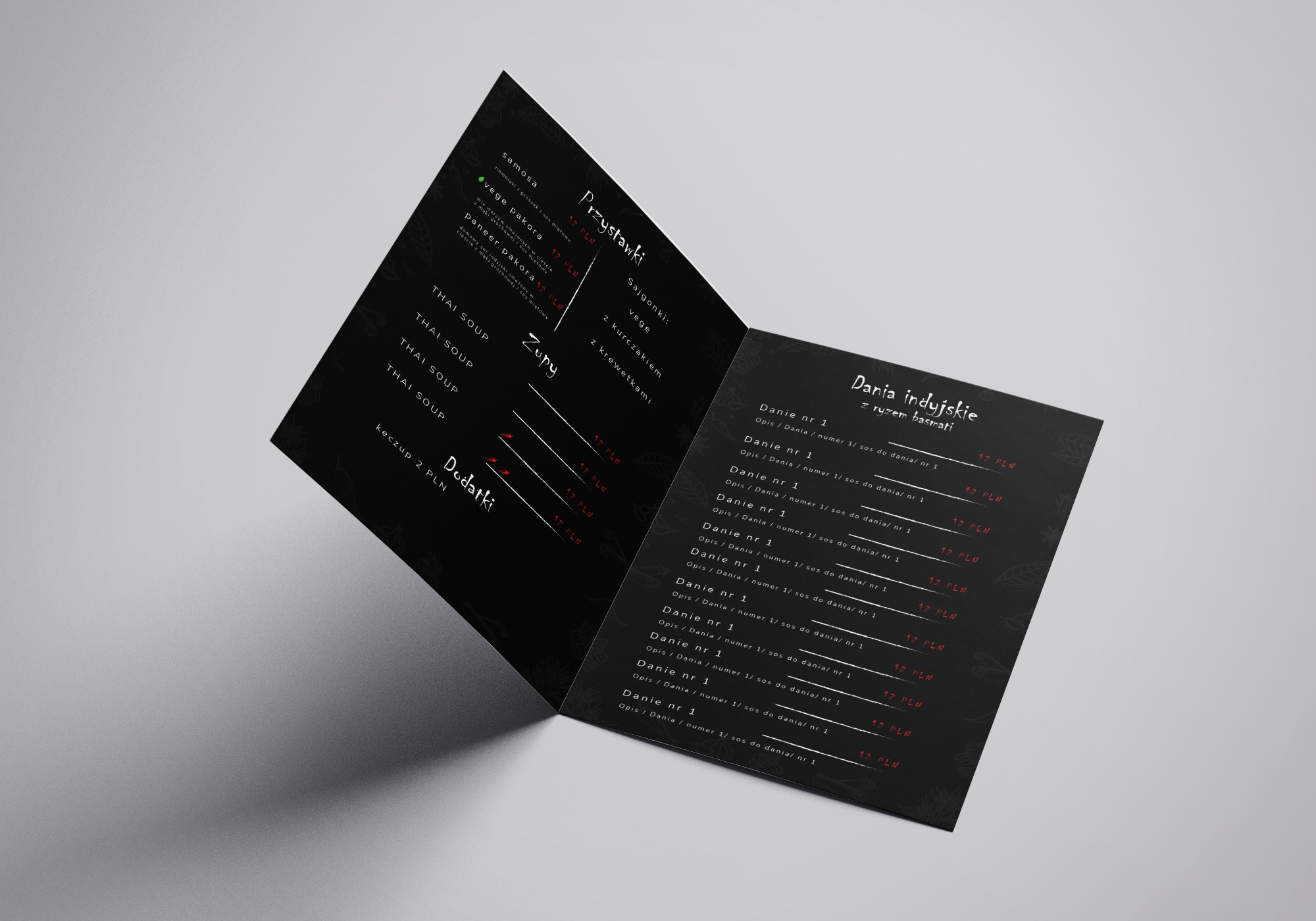 Rozłożona, dwustronicowa karta menu restauracji z czarnym tłem i białym, minimalistycznym tekstem, prezentująca dania kuchni indyjskiej i tajskiej z cenami.