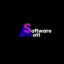 Logo firmy Software Att: Stylizowana litera S w fiolecie na tle niebieskiego trójkąta, obok napis Software Att w bieli, na czarnym tle.