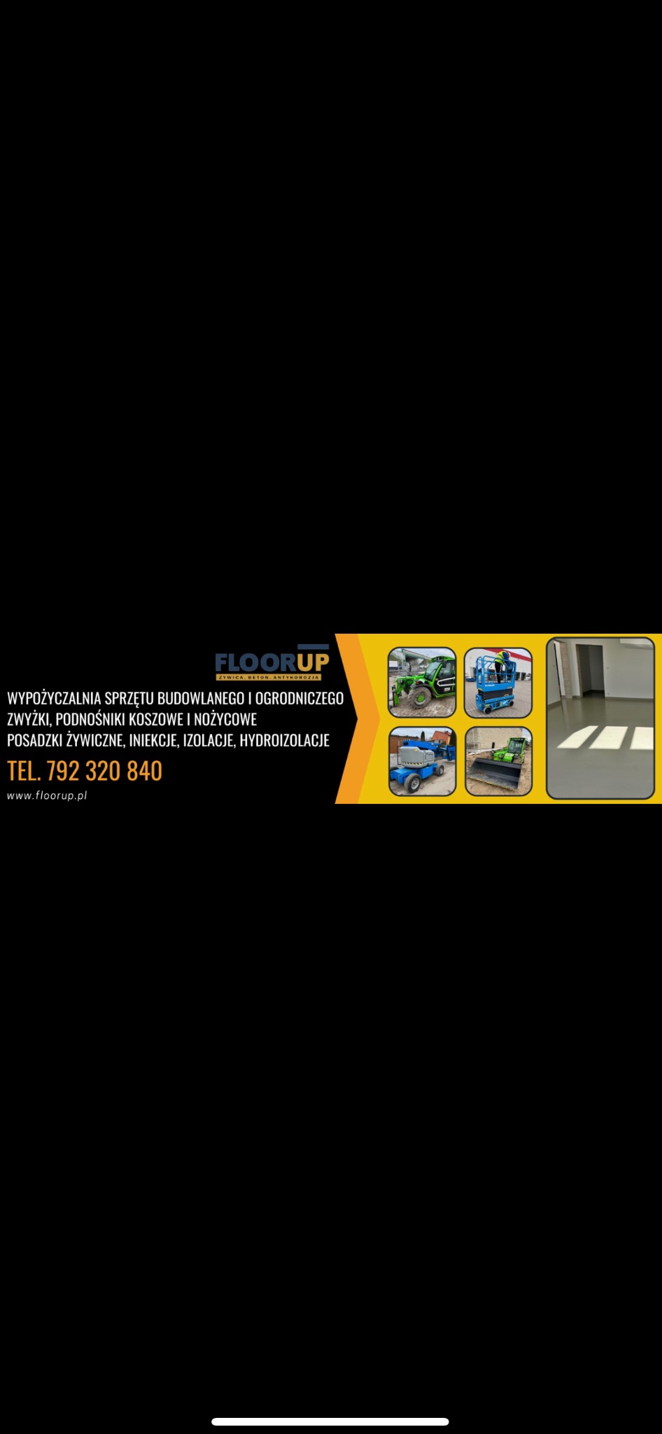 Reklama firmy FloorUp oferującej wynajem sprzętu budowlanego i ogrodniczego, z wizualizacją wylanej, jasnej posadzki w pustym pomieszczeniu.