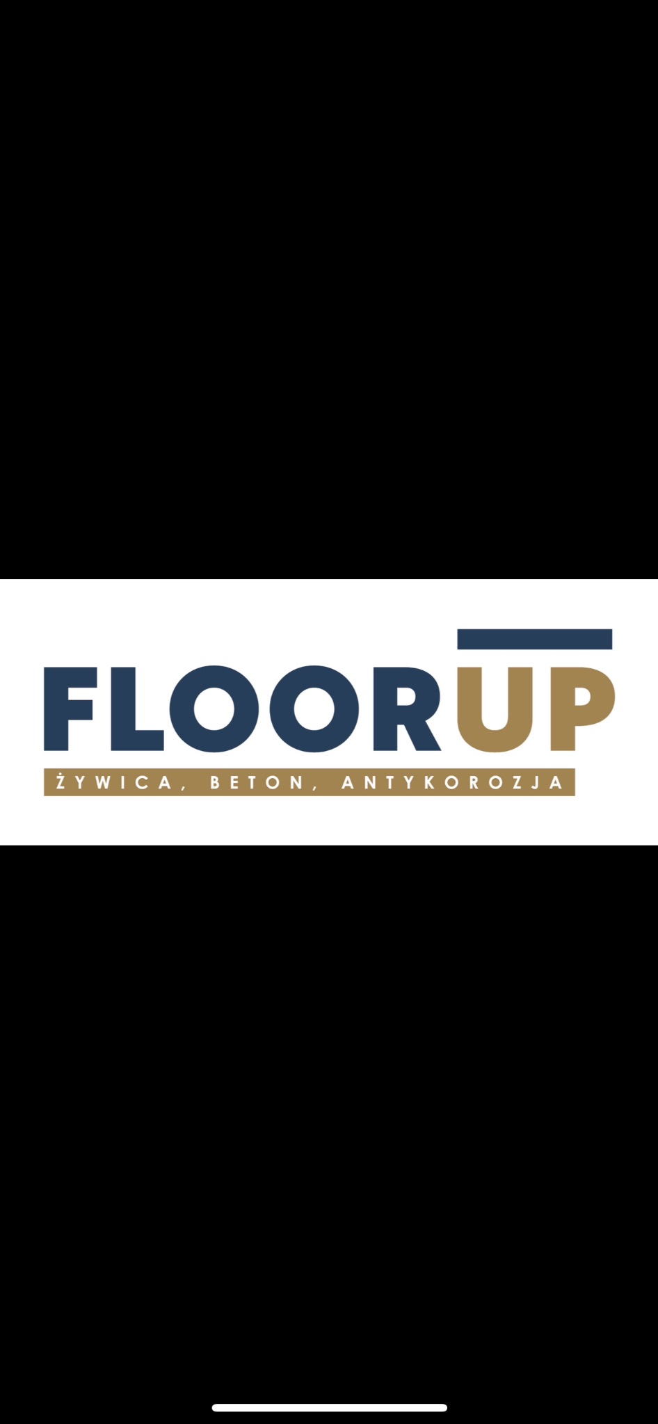Logo firmy FloorUp: napis FLOOR w kolorze granatowym, UP w kolorze piaskowym, pod spodem mniejszy napis: ŻYWICA, BETON, ANTYKOROZJA.