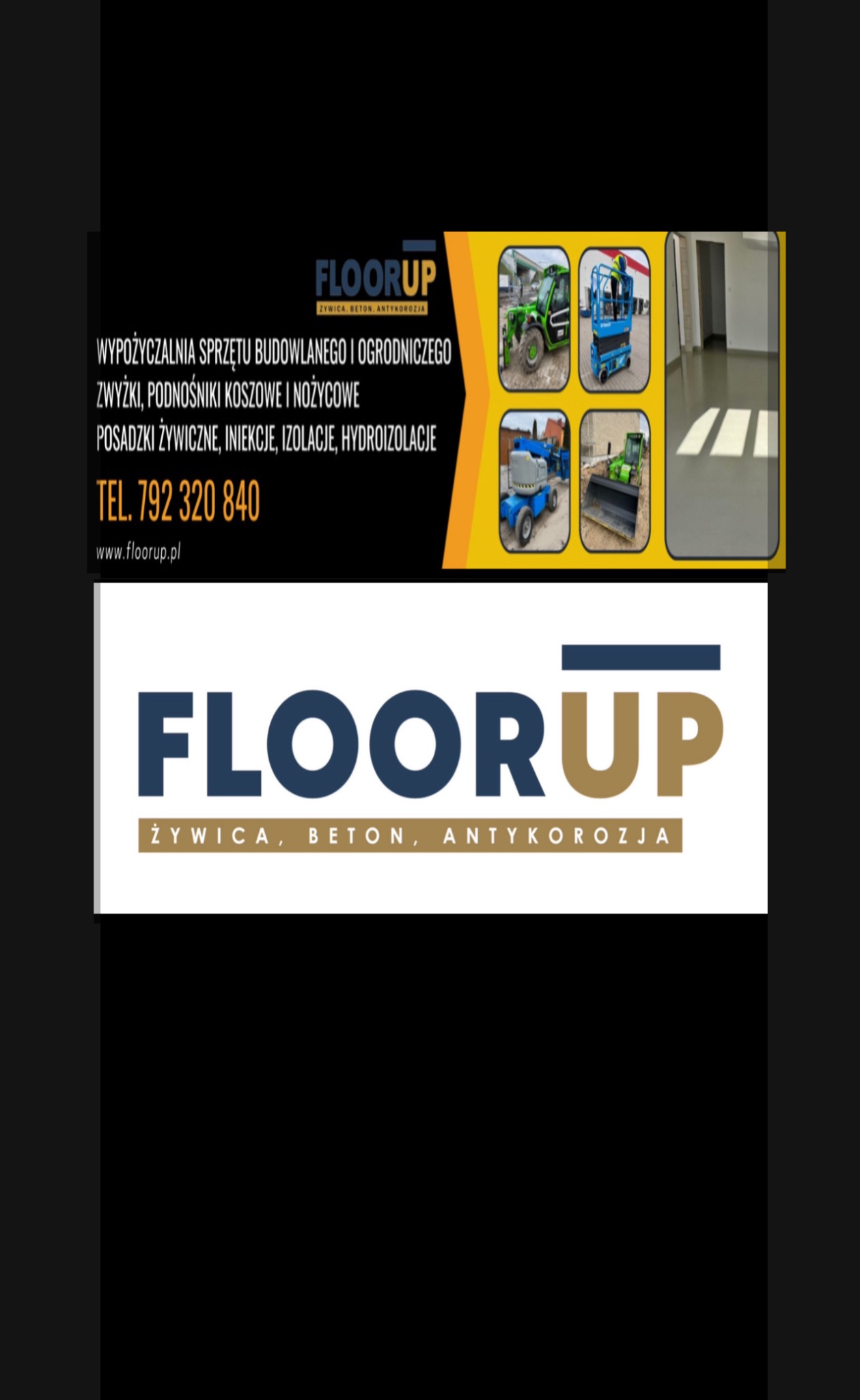 Baner reklamowy firmy z Płońska oferującej wypożyczalnię sprzętu budowlanego i ogrodniczego, z przykładami maszyn i wykończonej posadzki w jasnym pomieszczeniu.