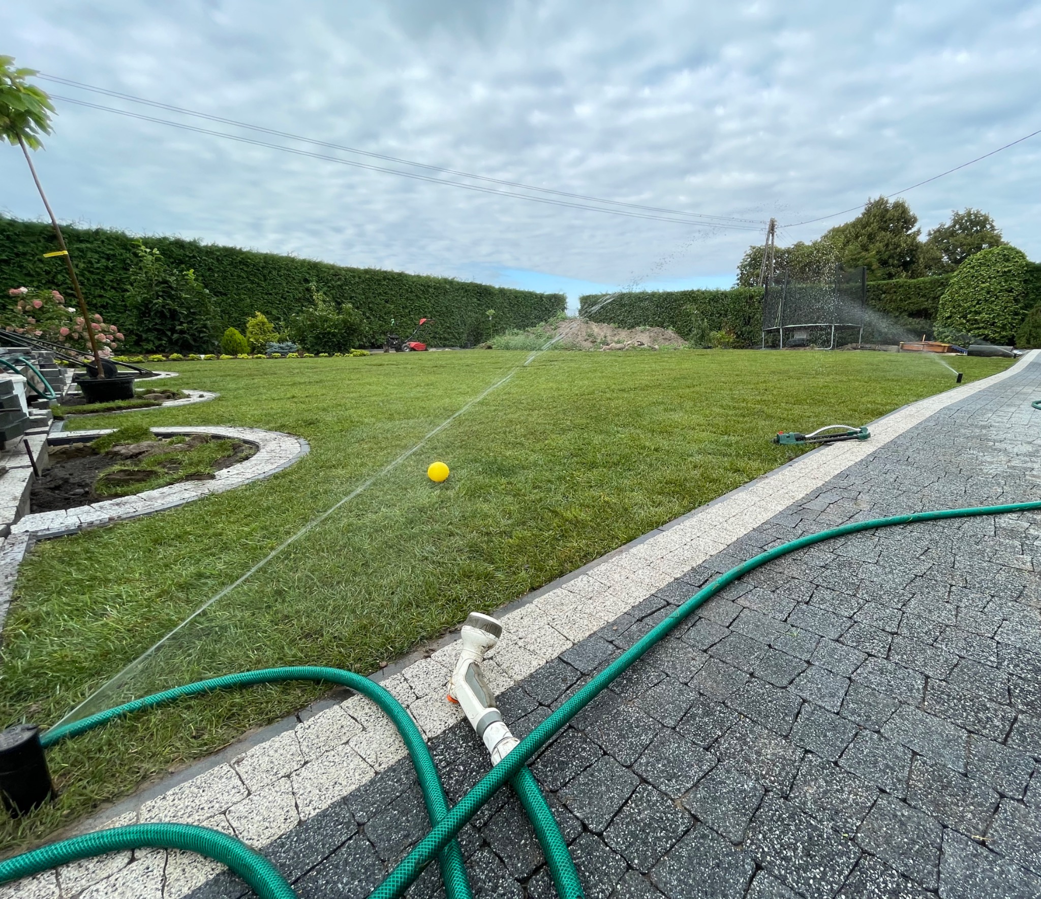 Automatyczny system nawadniania w trakcie pracy na zadbanym trawniku z kostką brukową, widoczny wąż ogrodowy i zraszacz, w tle wysoki żywopłot i trampolina.