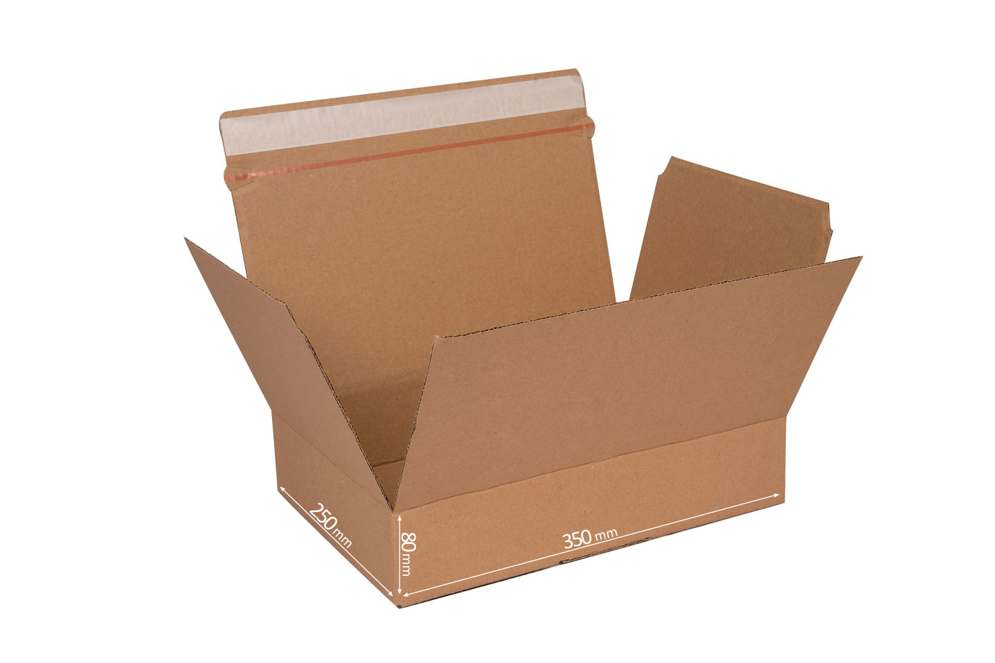 Rozłożone, brązowe pudełko kartonowe z widocznymi wymiarami 250mm x 80mm x 350mm i paskiem klejącym, przygotowane do złożenia.