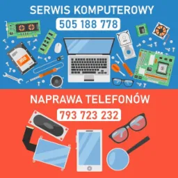 Grafika wektorowa przedstawiająca serwis komputerowy i naprawę telefonów, z rozłożonymi komponentami, narzędziami i numerami telefonów na niebieskim i czerwonym tle.