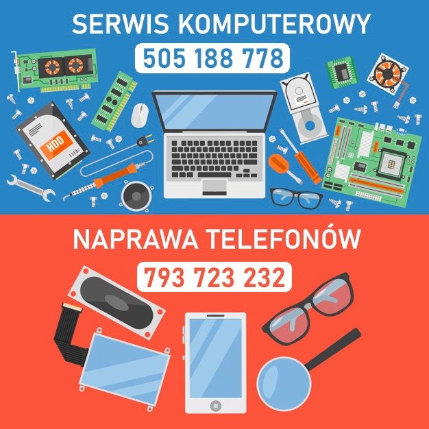 Grafika wektorowa przedstawiająca serwis komputerowy i naprawę telefonów, z rozłożonymi komponentami, narzędziami i numerami telefonów na niebieskim i czerwonym tle.