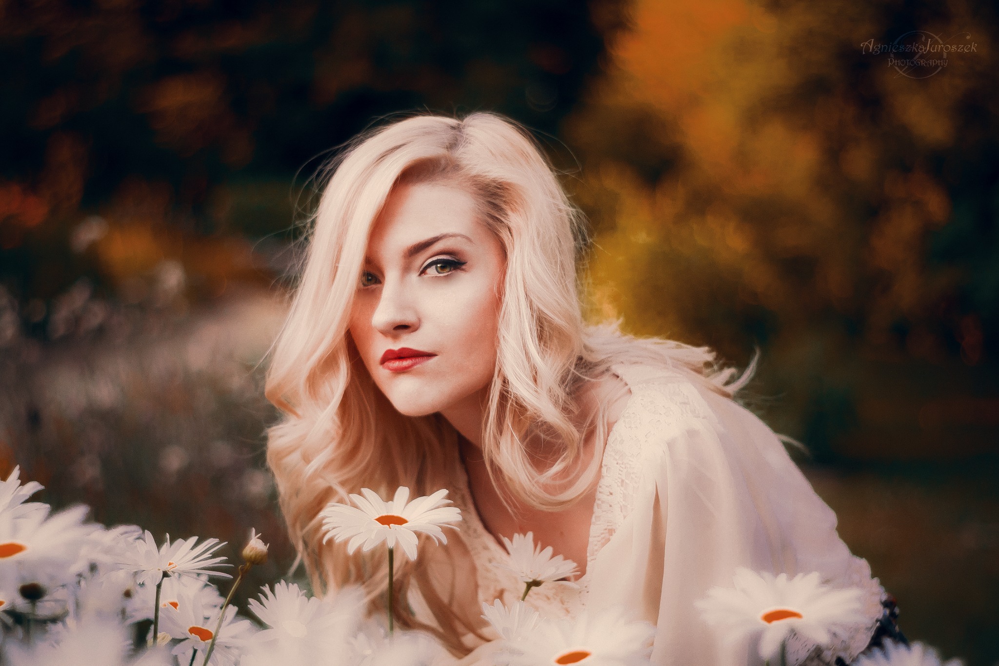 Portret kobiety z blond włosami i czerwonymi ustami, otoczonej białymi margaretkami na rozmytym tle jesiennych kolorów, wykonany przez fotografa Agnieszkę Juroszek.