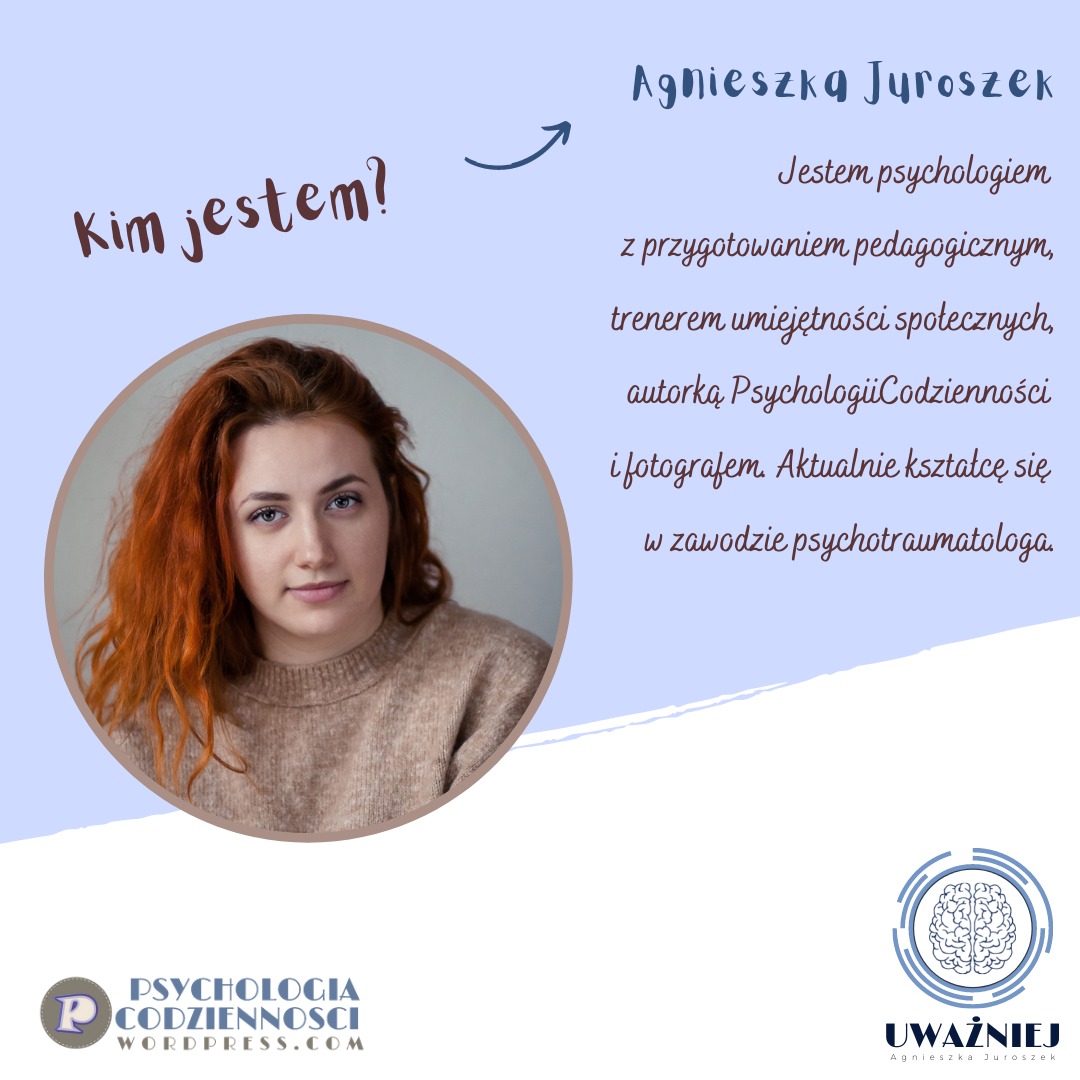 Portret kobiety o rudych włosach, przedstawionej w okręgu na tle grafiki z pytaniem 'Kim jestem?', obok tekst informujący o jej zawodzie psychologa, trenera umiejętności społecznych, autora...