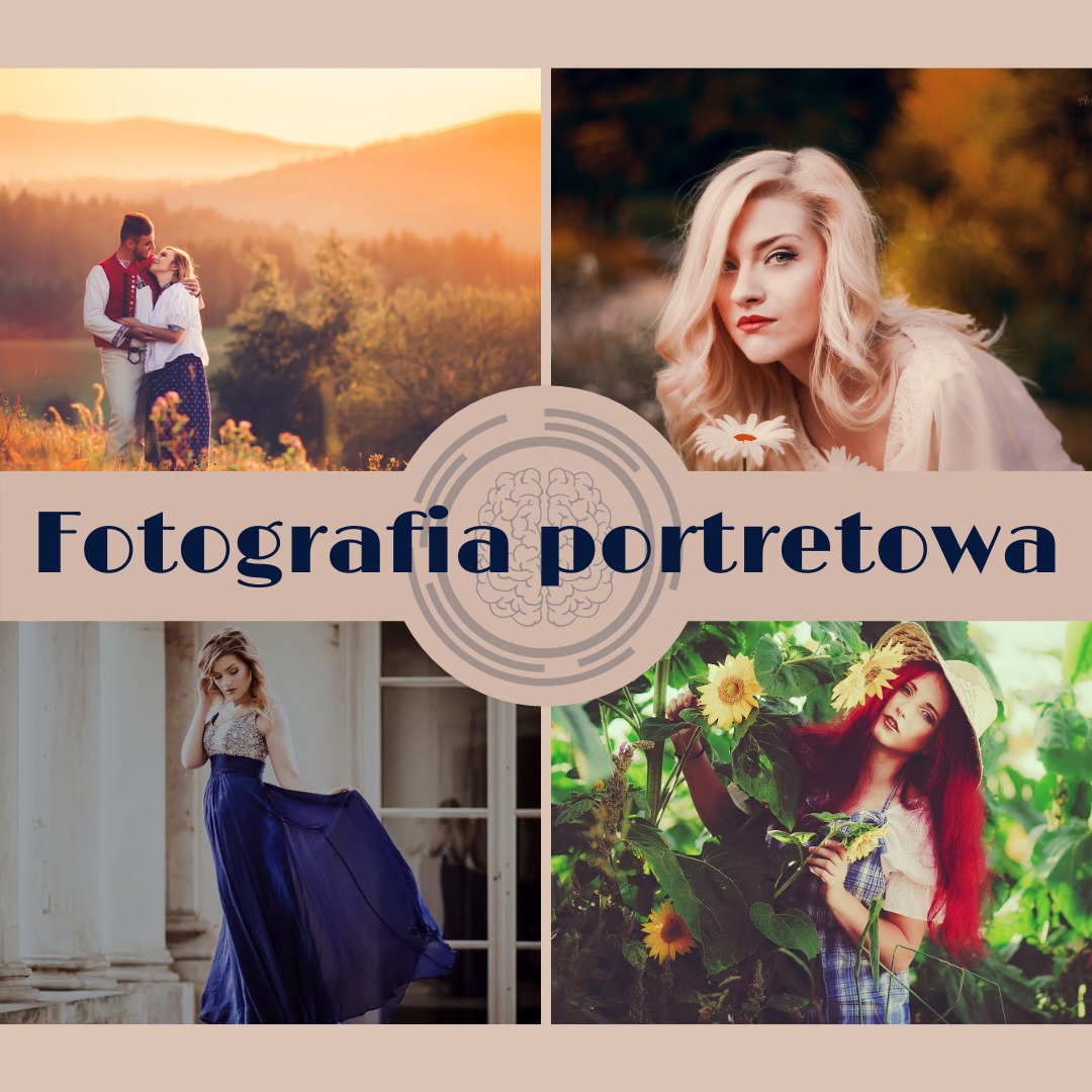 Kompozycja z czterech zdjęć: para w strojach ludowych na tle gór o zachodzie słońca, blondynka z kwiatem, kobieta w błękitnej sukni przy kolumnach oraz rudowłosa dziewczyna z słonecznikami, całość...