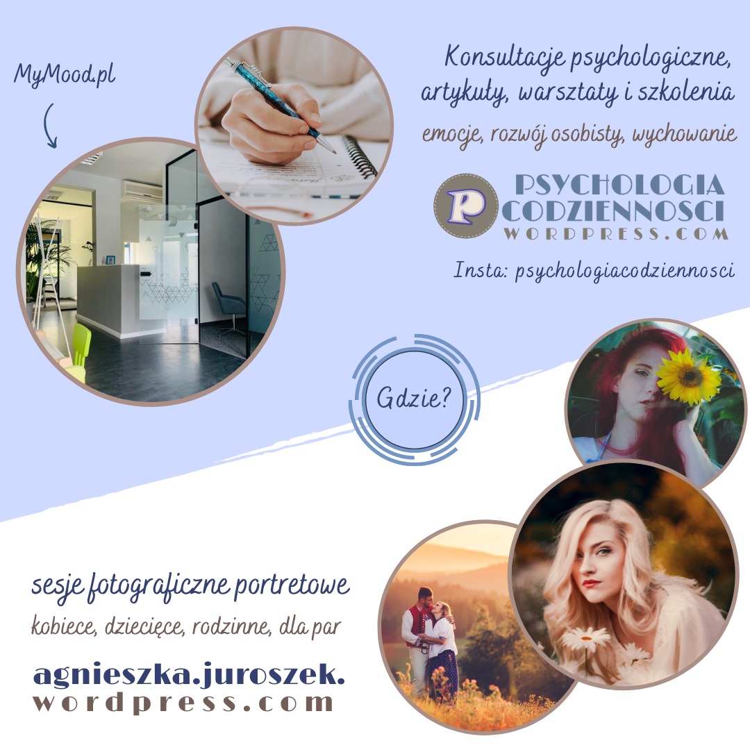 Grafika reklamowa łącząca usługi psychologiczne i sesje fotograficzne: wnętrze gabinetu, dłoń pisząca w notatniku, portrety kobiet z kwiatami, para w plenerze. Teksty: konsultacje psychologiczne...