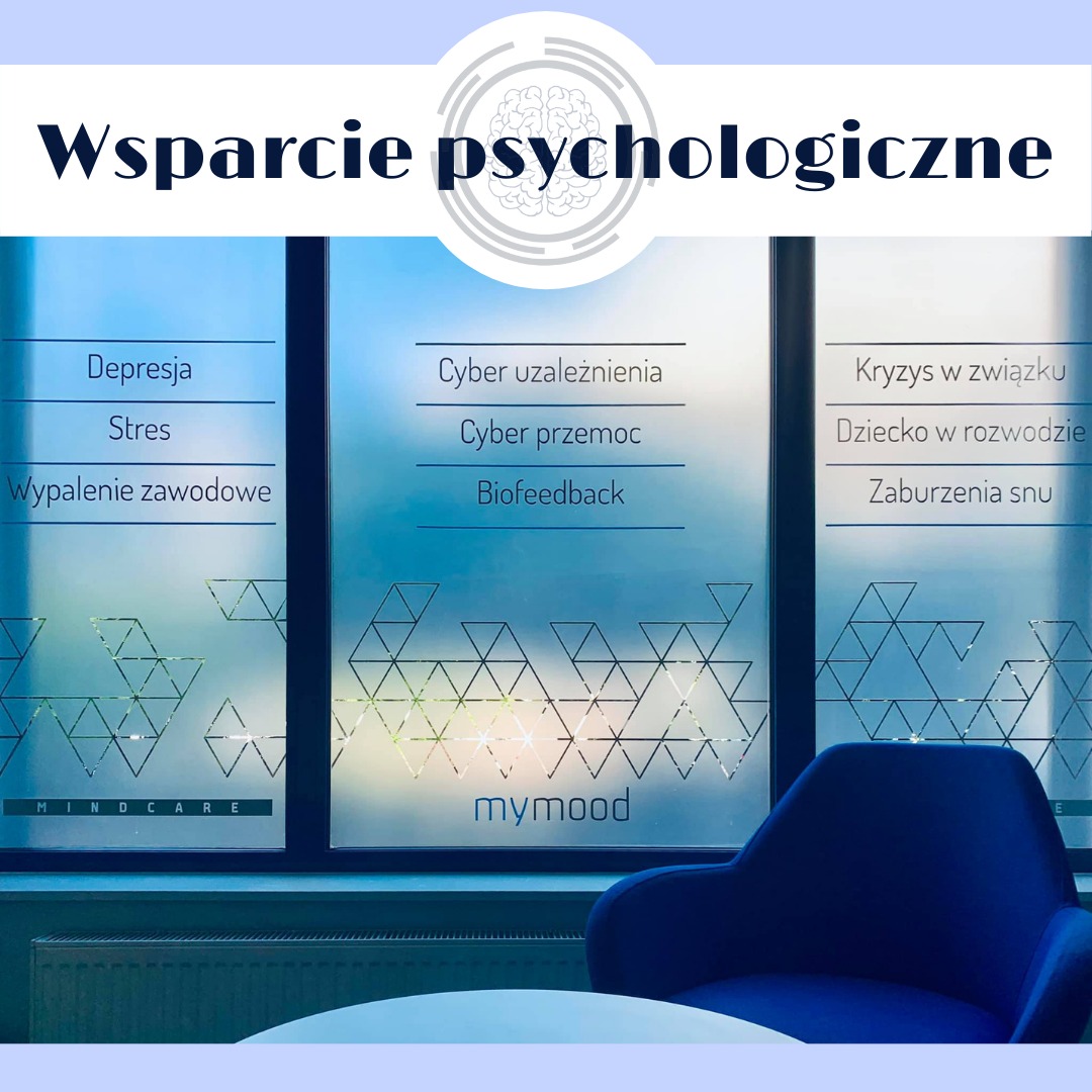 Wnętrze gabinetu psychologicznego z hasłem 'Wsparcie psychologiczne' i listą oferowanych usług, takich jak depresja, stres, cyberuzależnienia, kryzys w związku, wypalenie zawodowe, biofeedback...