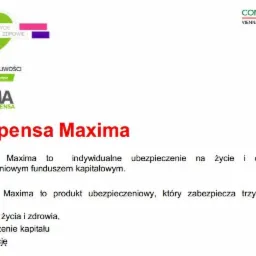 Folder reklamowy Compensa Maxima z Ozorkowa, prezentujący indywidualne ubezpieczenie na życie i dożycie z funduszem kapitałowym, z logo firmy i hasłami dotyczącymi ochrony życia, zdrowia...