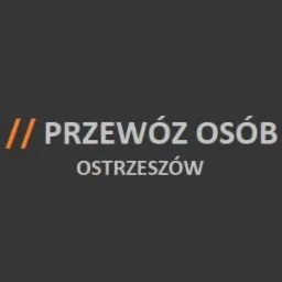 Tekst na ciemnoszarym tle z pomarańczowymi akcentami: 'PRZEWÓZ OSÓB OSTRZESZÓW'.
