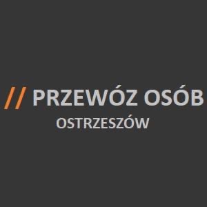 Tekst na ciemnoszarym tle z pomarańczowymi akcentami: 'PRZEWÓZ OSÓB OSTRZESZÓW'.