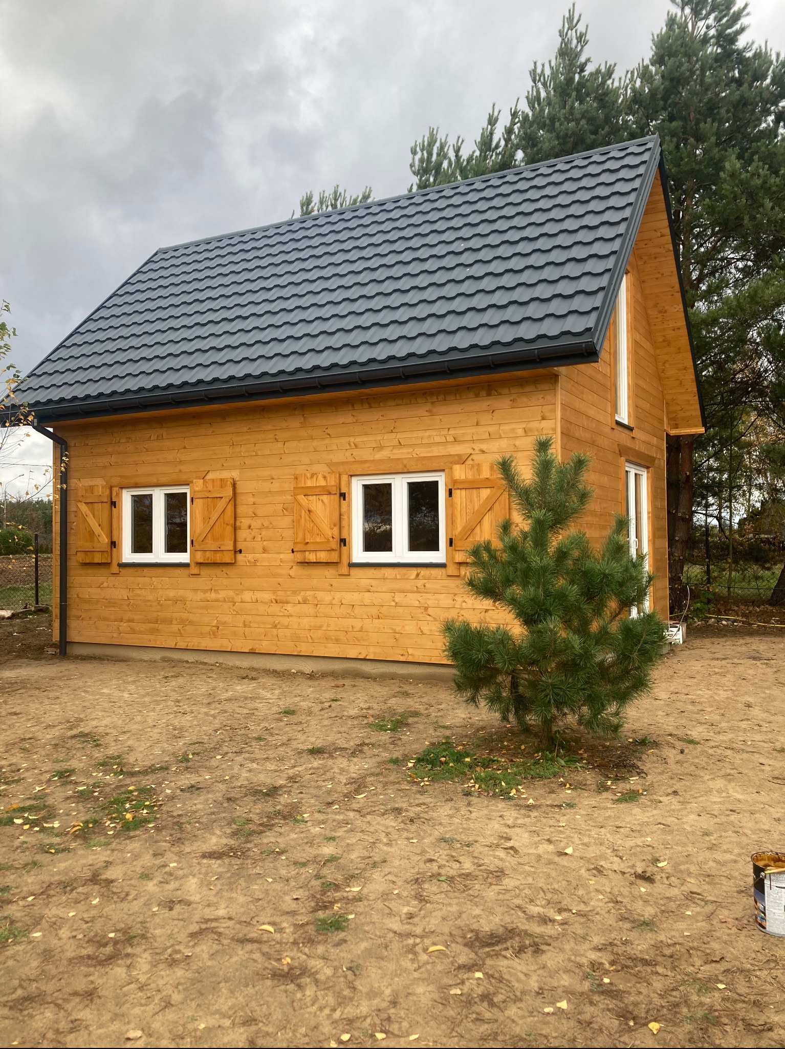 Gotowy, parterowy dom szkieletowy z ciemną blachodachówką, drewnianymi okiennicami i małą sosną przed budynkiem, widok z boku.