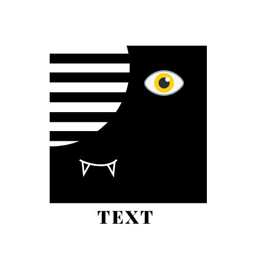 Abstrakcyjne logo w czerni i bieli z elementami graficznymi: oko, zęby i pasy. Pod spodem napis TEXT.