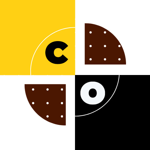Abstrakcyjna kompozycja graficzna z literami C i O, brązowymi ćwiartkami koła z białymi kropkami, na żółto-biało-czarnym tle.