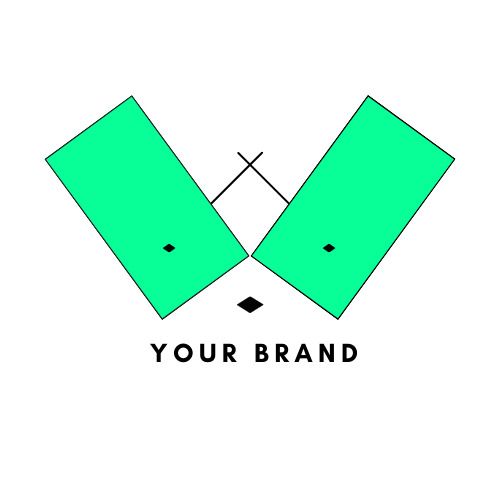 Abstrakcyjne logo z dwoma zielonymi prostokątami ułożonymi w kształt litery V, połączonymi czarnymi liniami i rombem, z napisem 'YOUR BRAND' poniżej.
