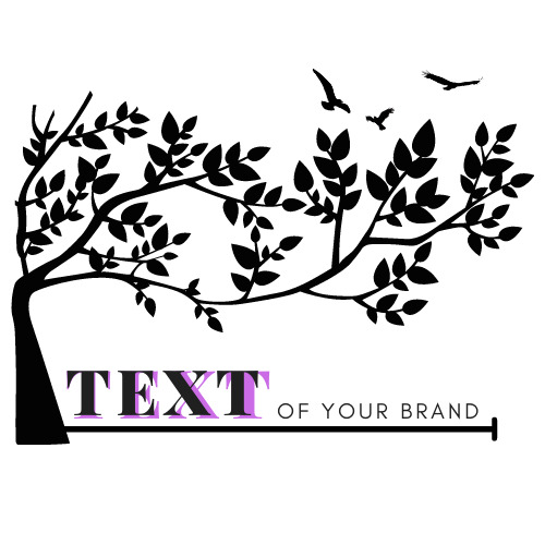 Czarno-biała grafika wektorowa przedstawiająca stylizowane drzewo z ptakami w locie, z tekstem 'TEXT of YOUR BRAND' z fioletowym akcentem na literze 'T', sugerująca projekt logo.