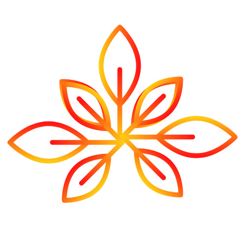 Abstrakcyjny, gradientowy wzór liścia kasztanowca w kolorach żółto-pomarańczowo-czerwonych, z wyraźnymi konturami na białym tle.