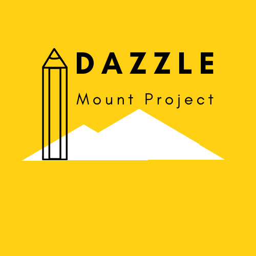 Minimalistyczne logo firmy 'Dazzle Mount Project' na żółtym tle, przedstawiające stylizowany ołówek i biały motyw górski.
