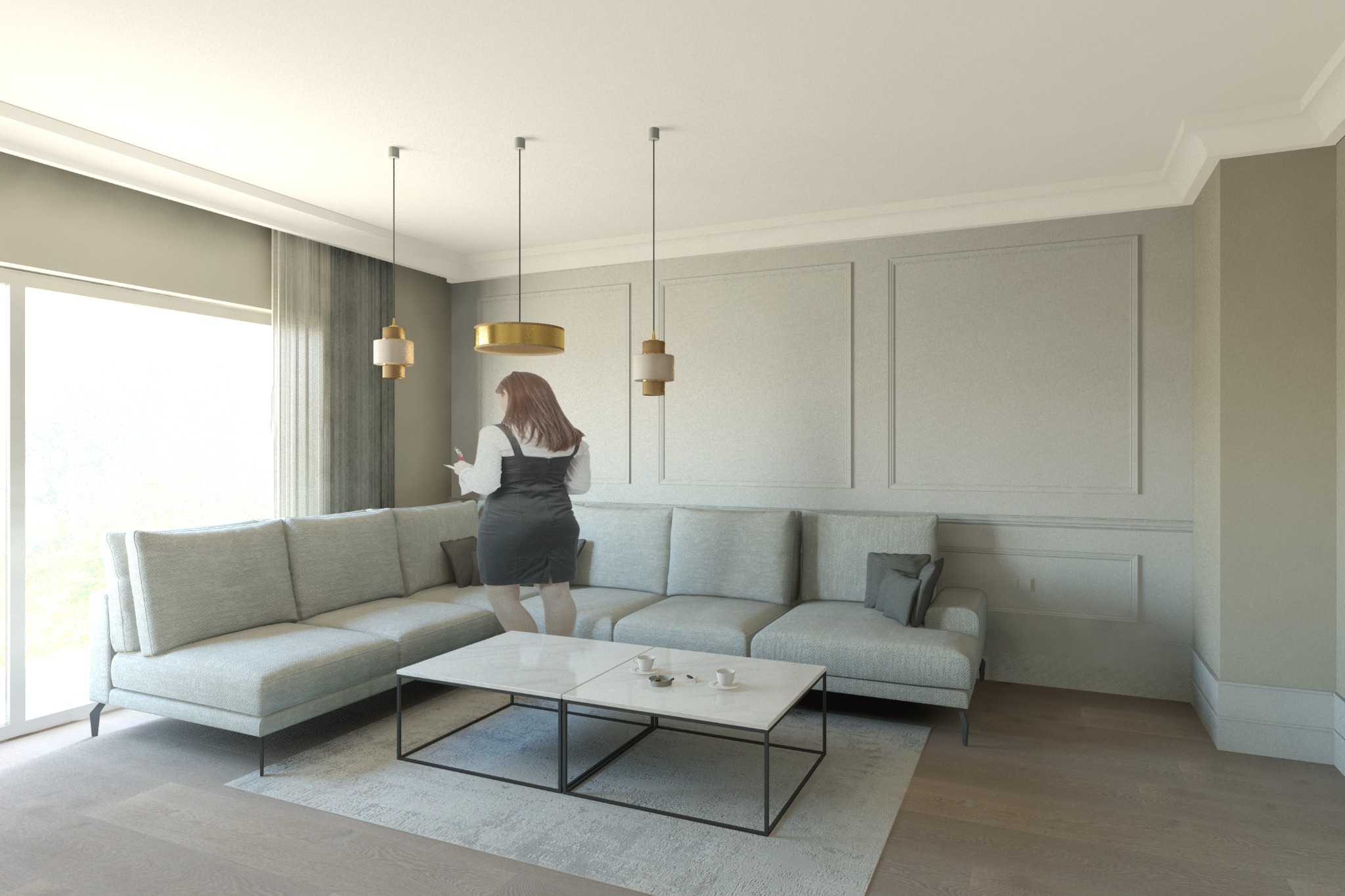 Jasne wnętrze salonu z narożną sofą, marmurowym stolikiem kawowym i dekoracyjnymi listwami ściennymi; kobieta w sukience stoi tyłem i trzyma notatnik.