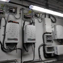 Instalacja fotowoltaiczna z widocznymi inwerterami SolarEdge i rozdzielnicami elektrycznymi na białej ścianie, oświetlona lampą jarzeniową.