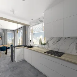 Wizualizacja nowoczesnej kuchni z białymi szafkami, blatem imitującym drewno, marmurowym backsplashiem i widokiem na jadalnię z niebieskimi krzesłami przez drewnianą ramę.