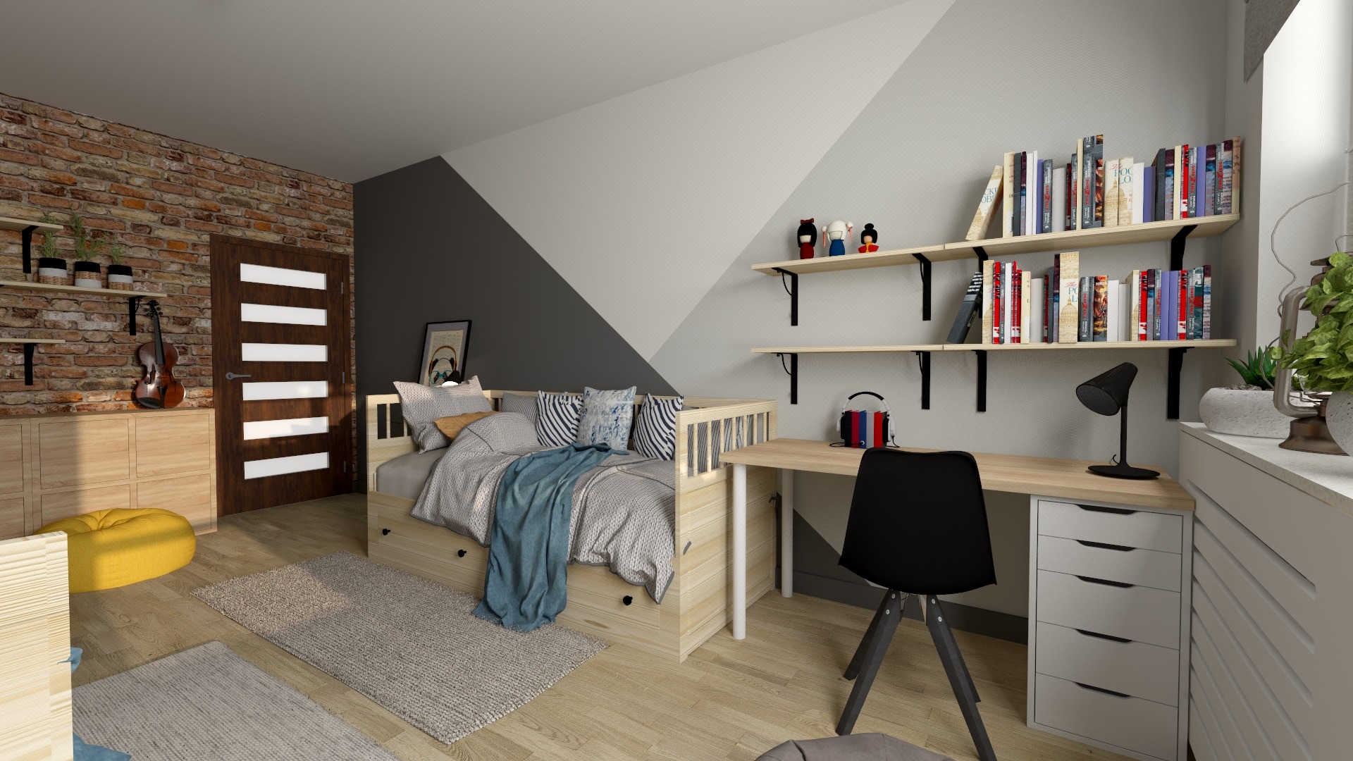 Pokój młodzieżowy z łóżkiem z szufladami, biurkiem z półkami na książki, ścianą z cegły i geometrycznym malowaniem, skrzypce na ścianie, żółta pufa.