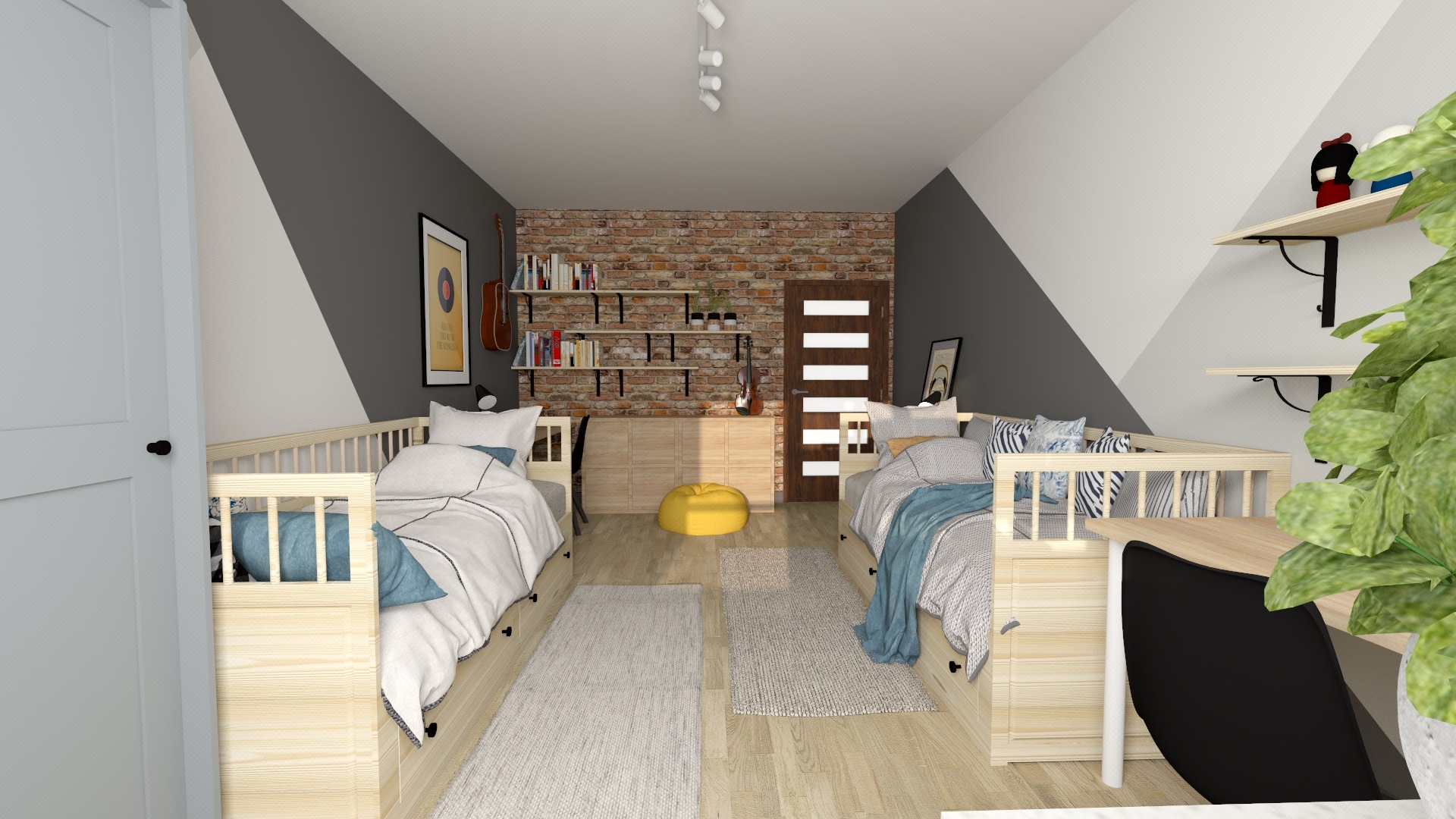 Pokój młodzieżowy z dwoma łóżkami z szufladami, biurkami, ceglaną ścianą z półkami na książki i żółtą pufą.