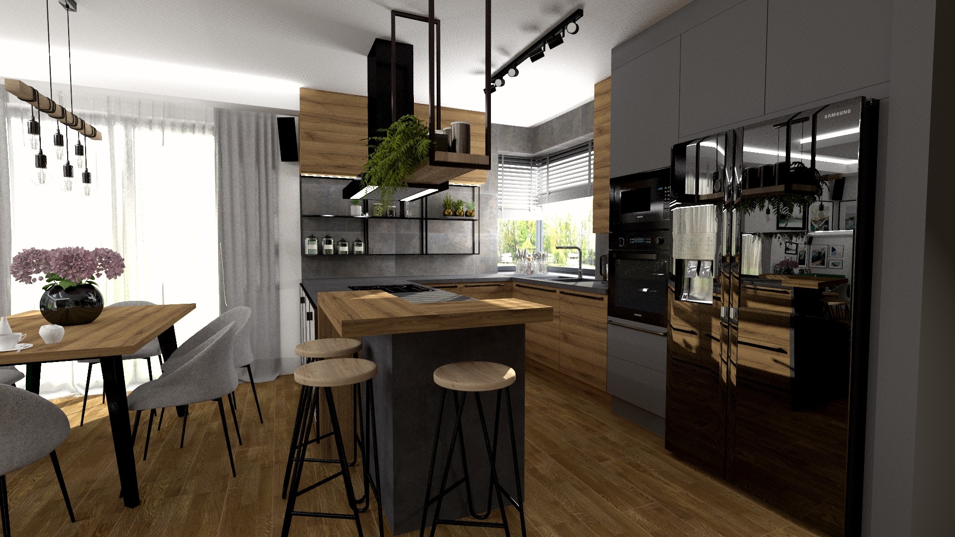 Wizualizacja nowoczesnej kuchni z wyspą, drewnianymi akcentami i czarnym sprzętem AGD, oświetlona wiszącymi lampami i z roślinami doniczkowymi.