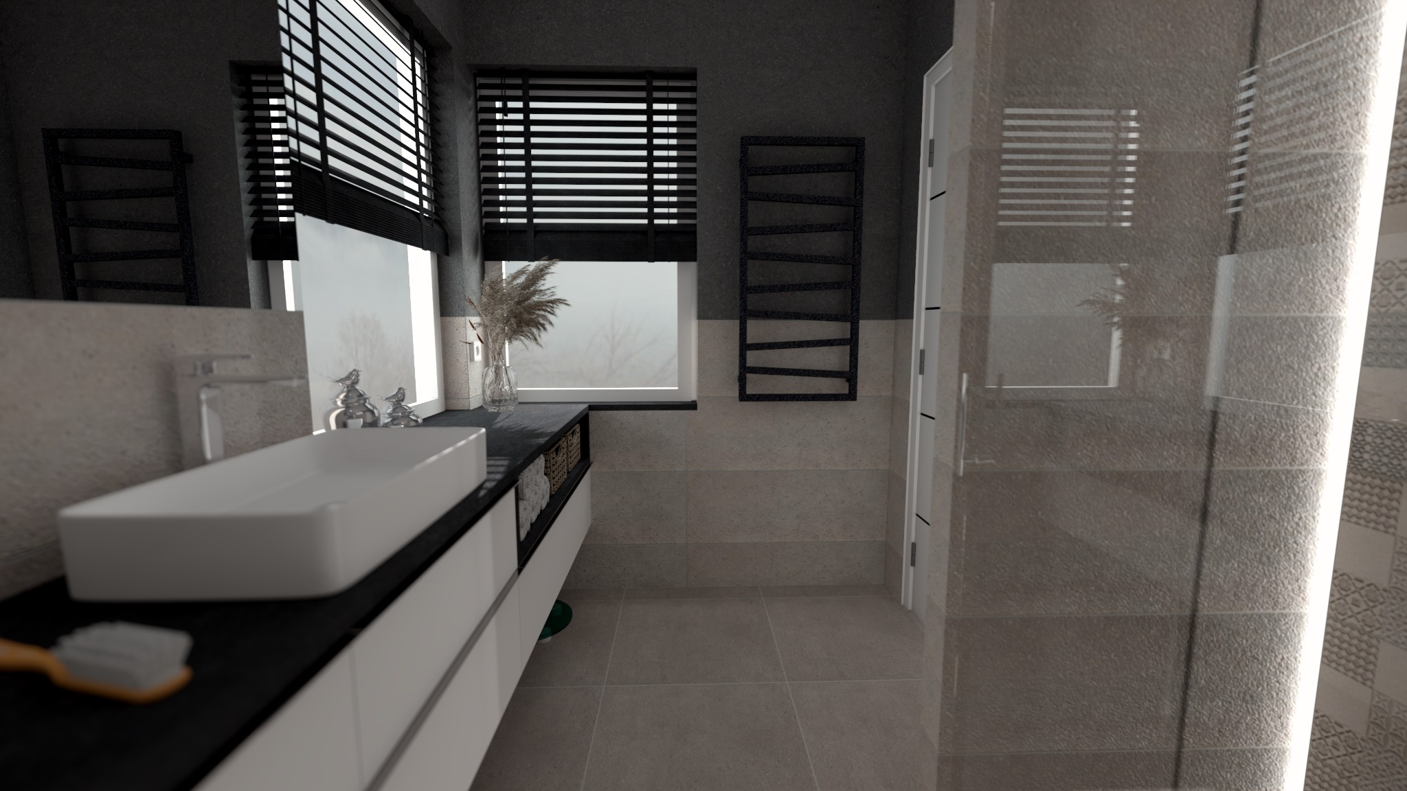 Wizualizacja nowoczesnej łazienki z prostokątną umywalką nablatową, baterią, dekoracyjnymi figurkami ptaków, grzejnikiem drabinkowym i kabiną prysznicową walk-in.