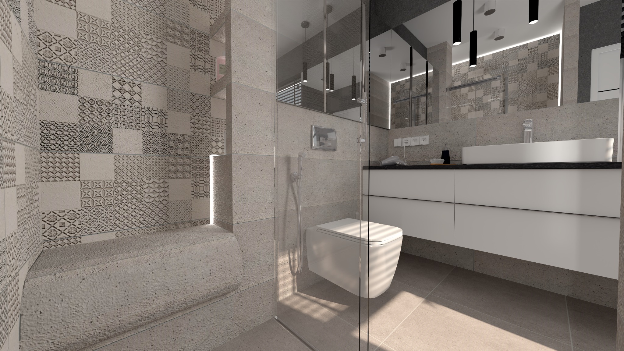 Nowoczesna łazienka z kabiną prysznicową typu walk-in, wiszącą toaletą, umywalką nablatową i mozaikowymi płytkami na ścianach