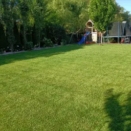 Perfekcyjnie utrzymany trawnik w przydomowym ogrodzie, z równo przystrzyżoną trawą, otoczony drzewami i krzewami, z widocznym placem zabaw i trampoliną w tle.