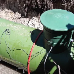 Zielony zbiornik na gaz ziemny częściowo zakopany w ziemi, z widocznymi przewodami i fragmentami wykopu.