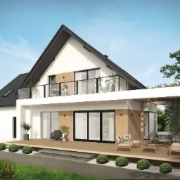 Wizualizacja nowoczesnego, dwukondygnacyjnego domu z drewnianym tarasem i balkonem z przeszkloną balustradą w Warszawie, otoczonego zielenią.