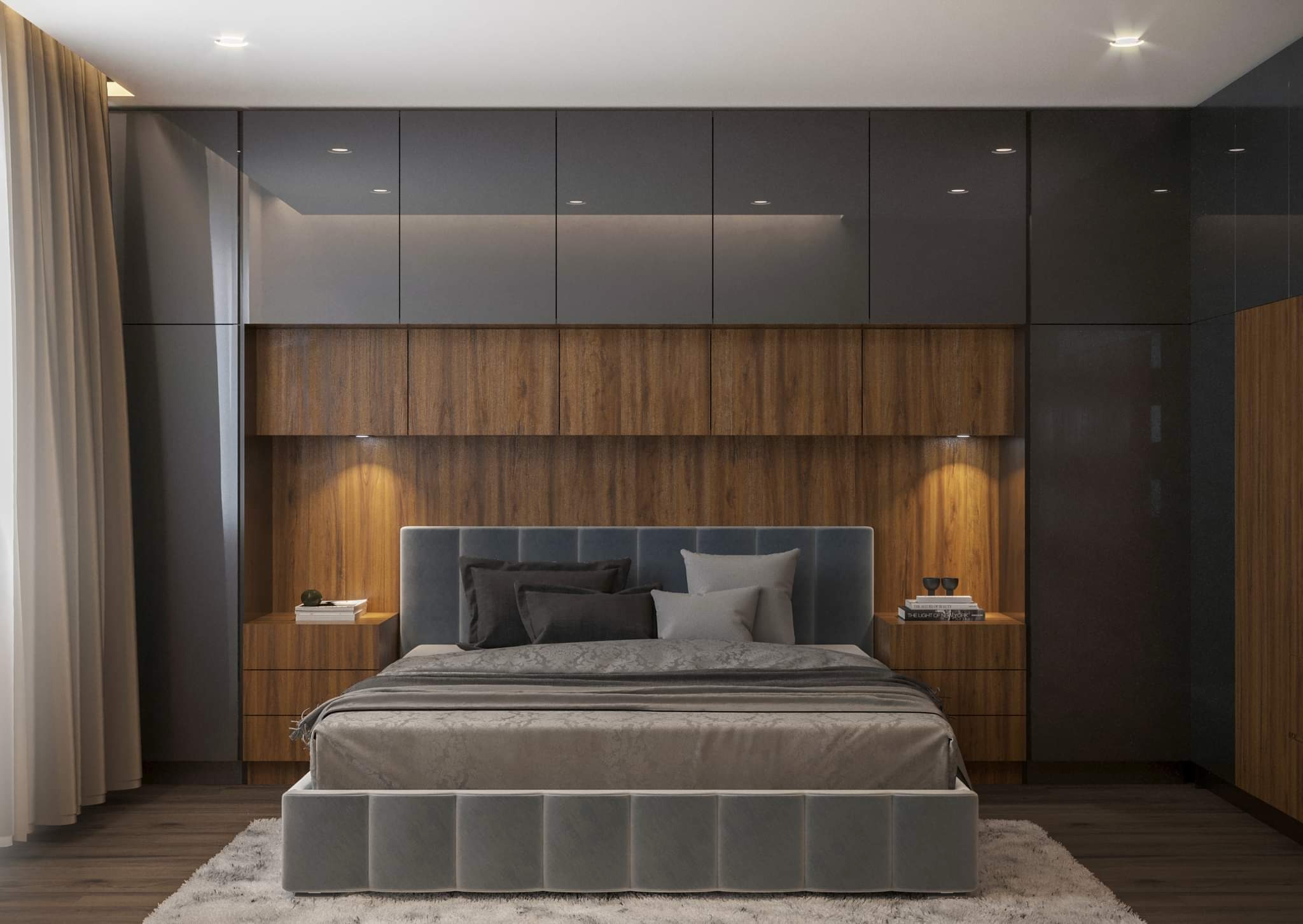 Nowoczesna sypialnia z zabudową meblową: szare szafy, drewniane panele nad łóżkiem, nocne szafki z lampkami, dywan z długim włosiem.