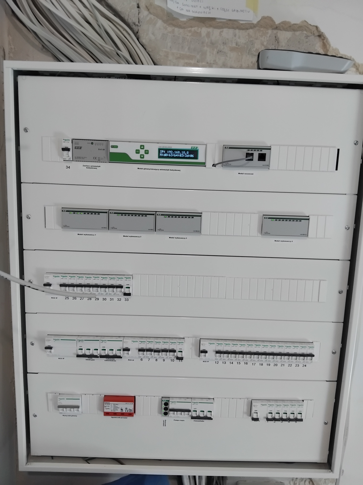 Rozdzielnica elektryczna w białej obudowie, widoczne zabezpieczenia, moduły sterujące i zasilacze automatyki budynkowej. U góry kable. Ogranicznik przepięć na dole.