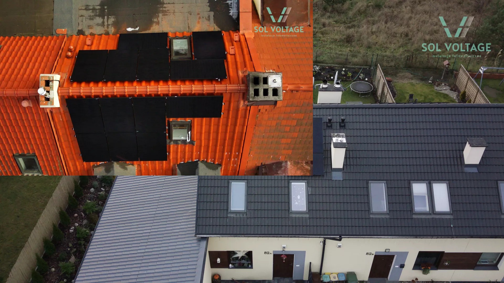 Widok z góry na dwa dachy: jeden z czerwonej dachówki z zamontowanymi panelami słonecznymi i oknami dachowymi, drugi z ciemnoszarej dachówki z oknami i numerem domu 82a. W tle widoczny ogród i logo...