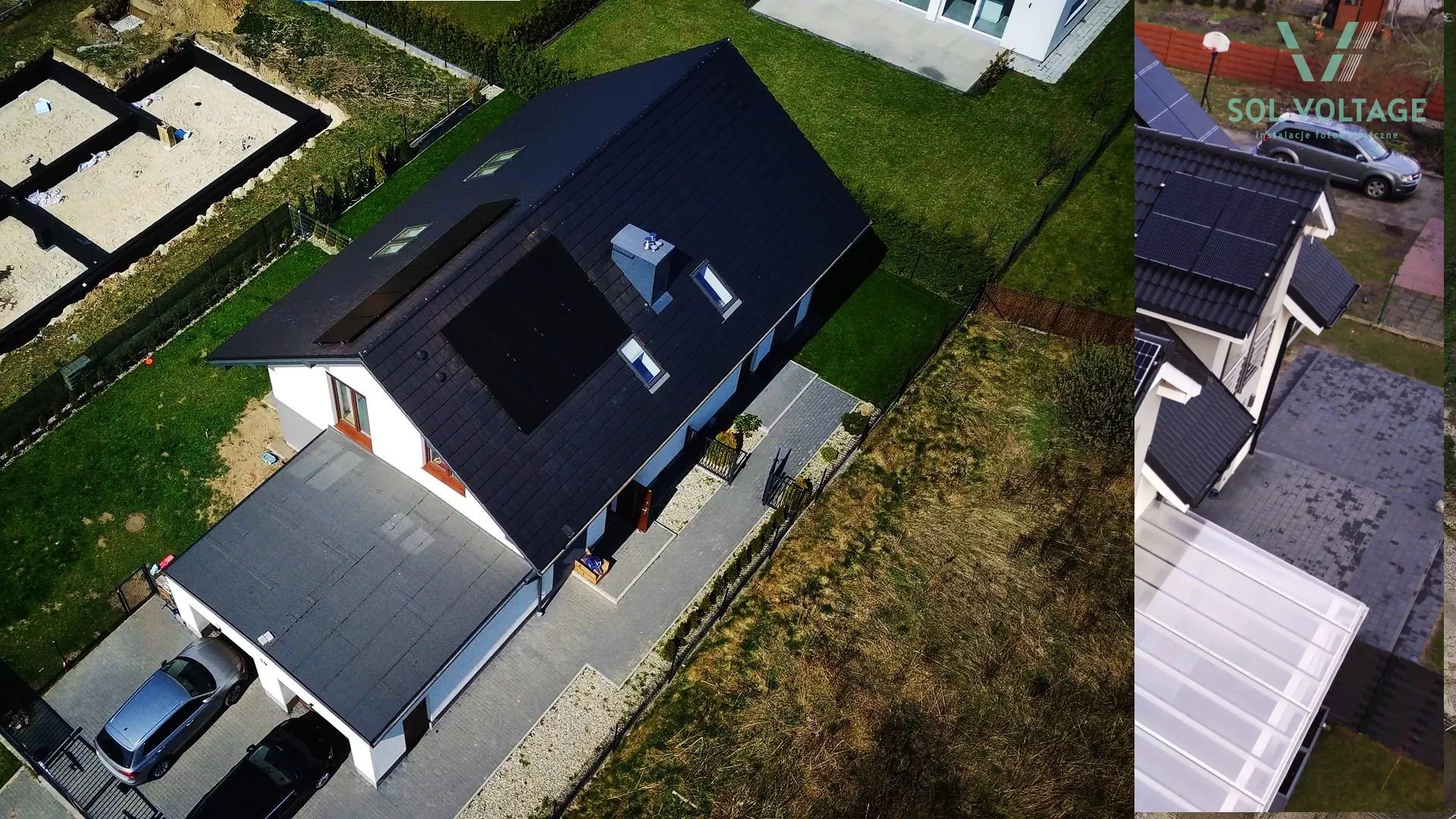 Widok z drona na dom jednorodzinny z zamontowanymi panelami słonecznymi na dachu, obok widoczne fundamenty pod budowę kolejnego budynku.